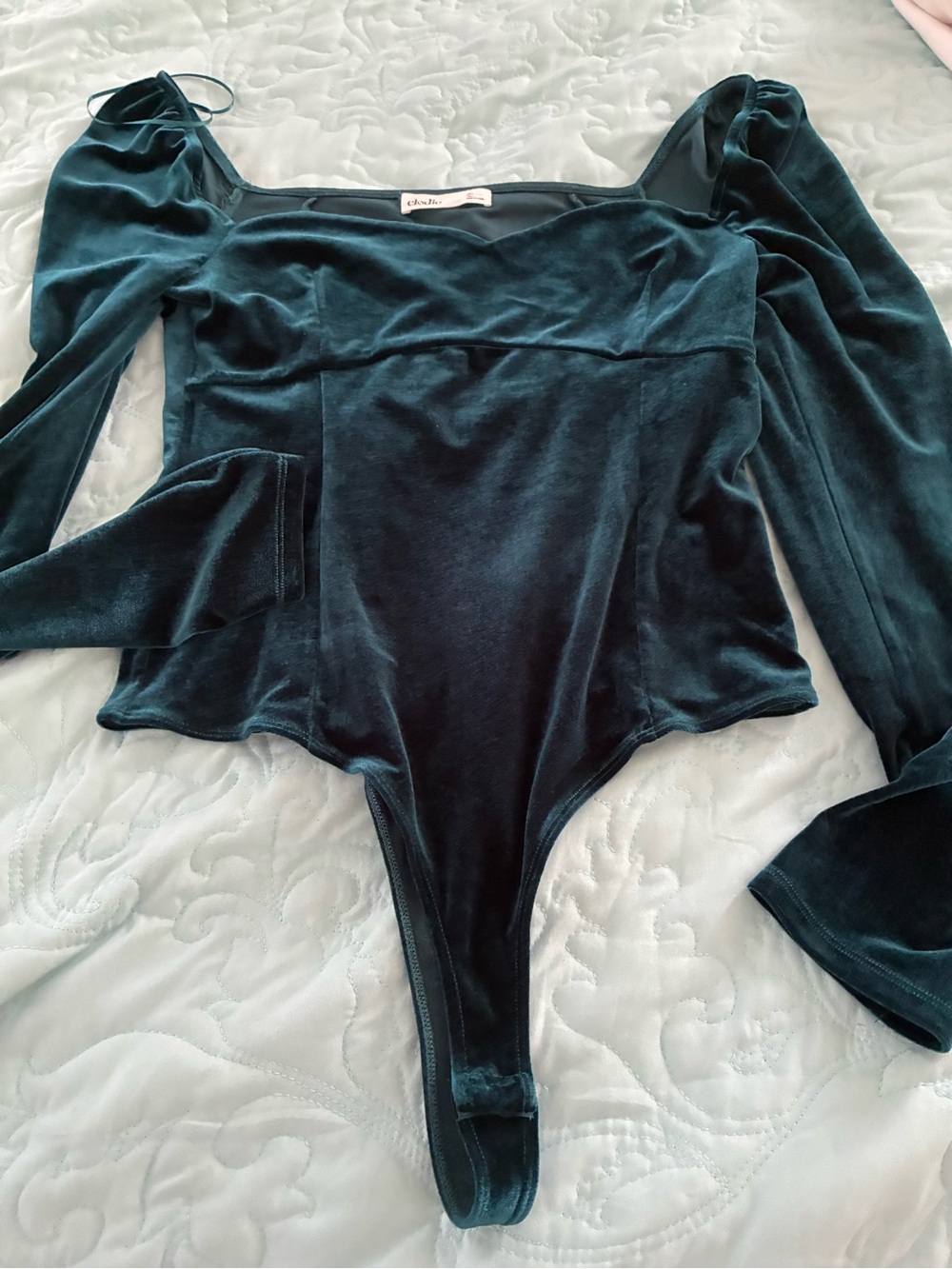 Elodie Velvet Long Sleeve Bodysuit - rich Teal Green - large